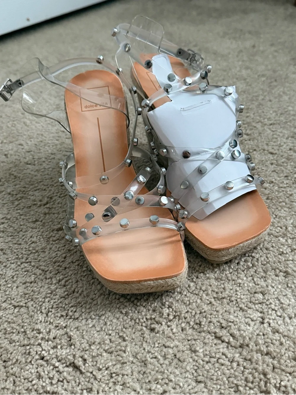 Dolce Vita Macton Clear Studded Espadrille Wedge Sandal - Silver Accents